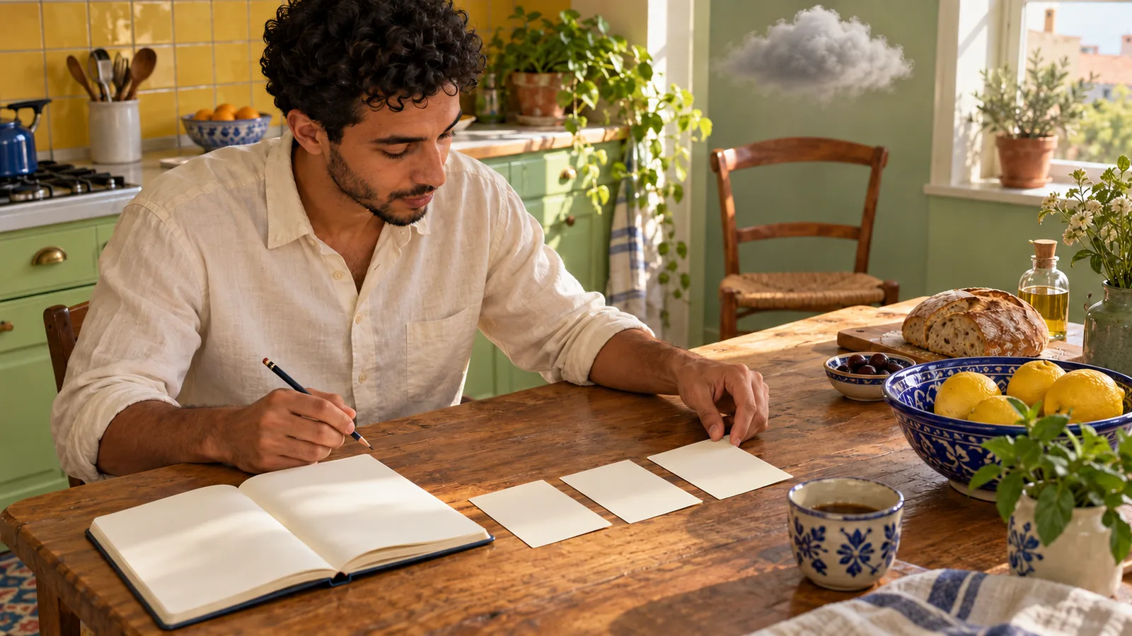 Adult author arranges three blank cards beside an open notebook and breakfast dishes in a green kitchen