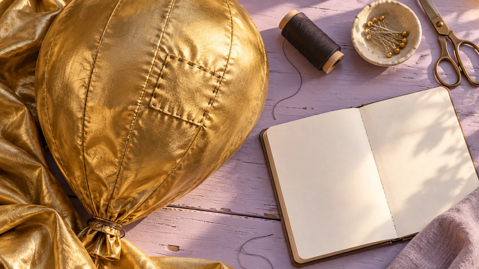 Gold balloon fabric with a sewn patch, dark thread spool and blank notebook on a pale lilac workbench