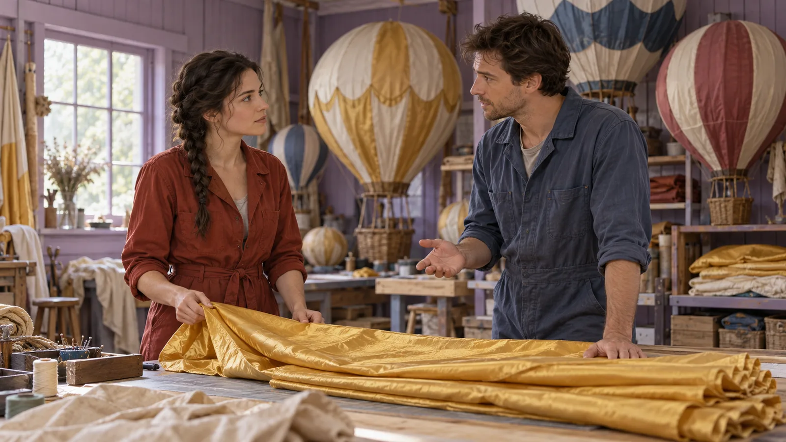 Two adult colleagues face each other across folded golden fabric during a restrained conversation in a lilac workshop