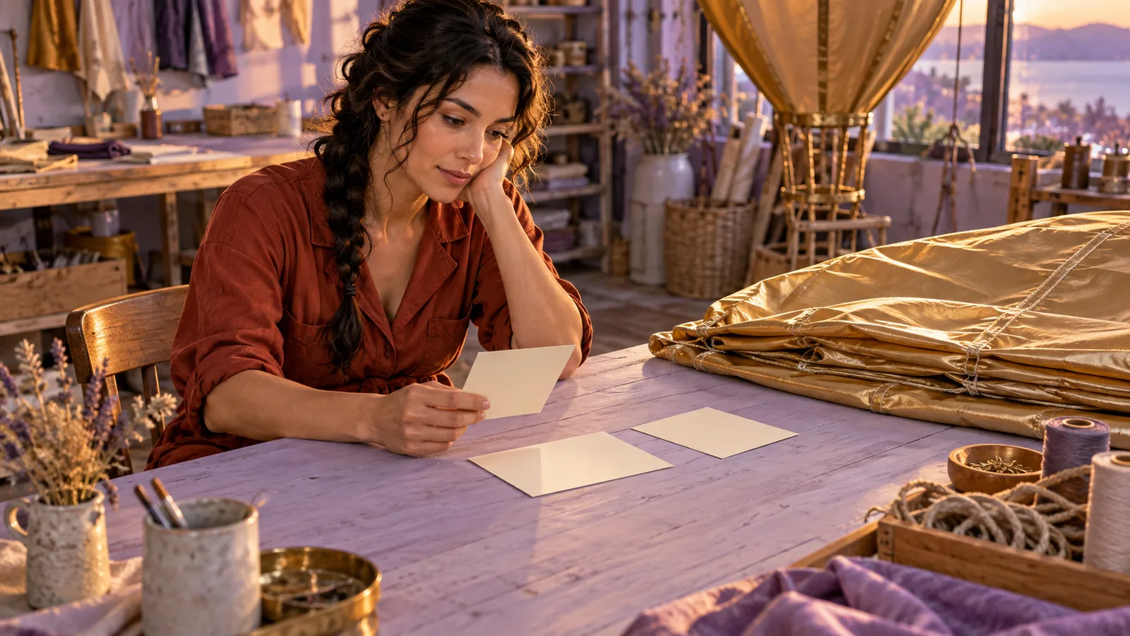 Adult woman in a rust-red jumpsuit reviews three blank cards beside folded gold fabric at a lilac workshop bench