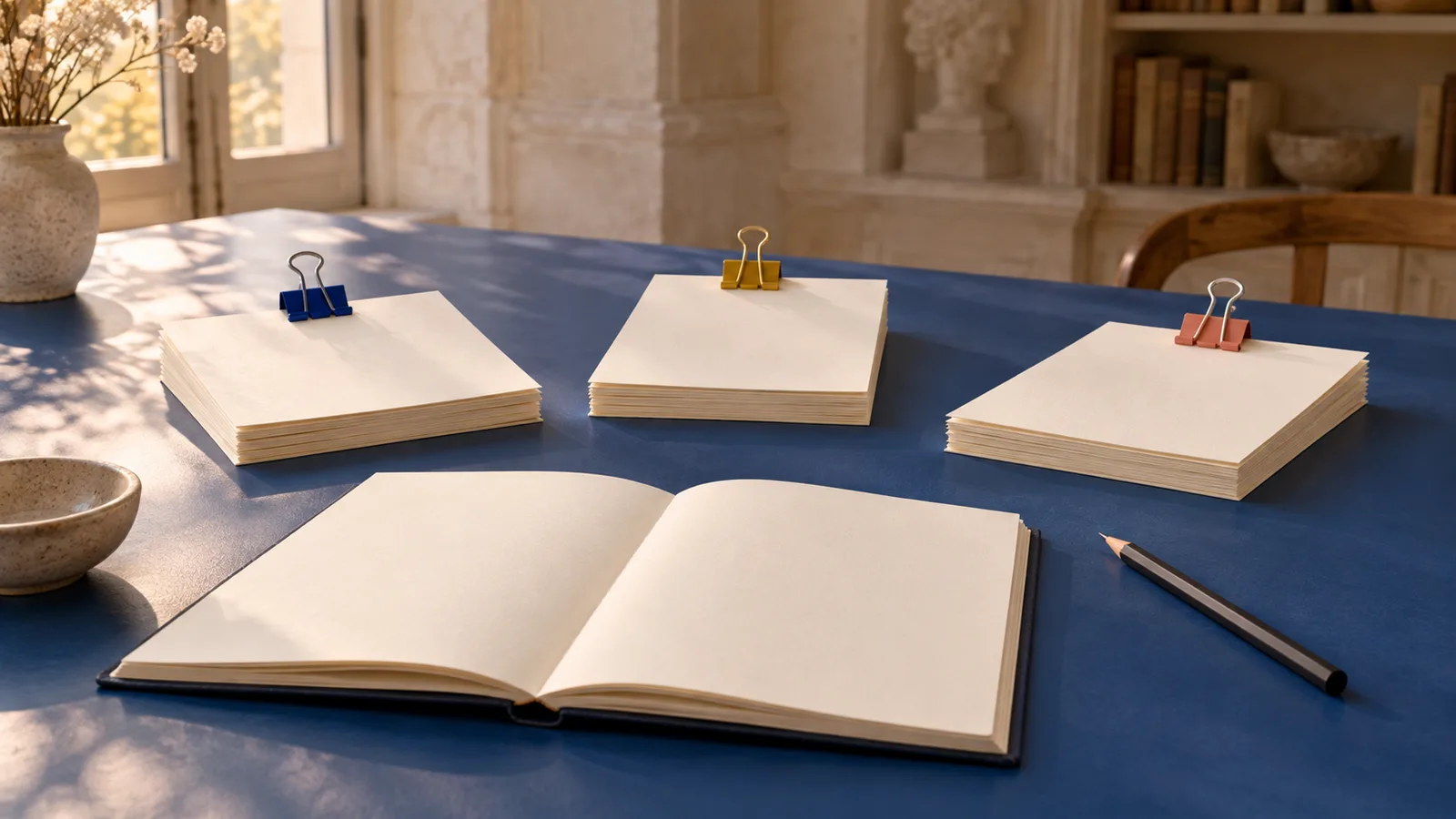 Three separate blank paper stacks with blue, ochre and coral clips beside an empty notebook on a blue table