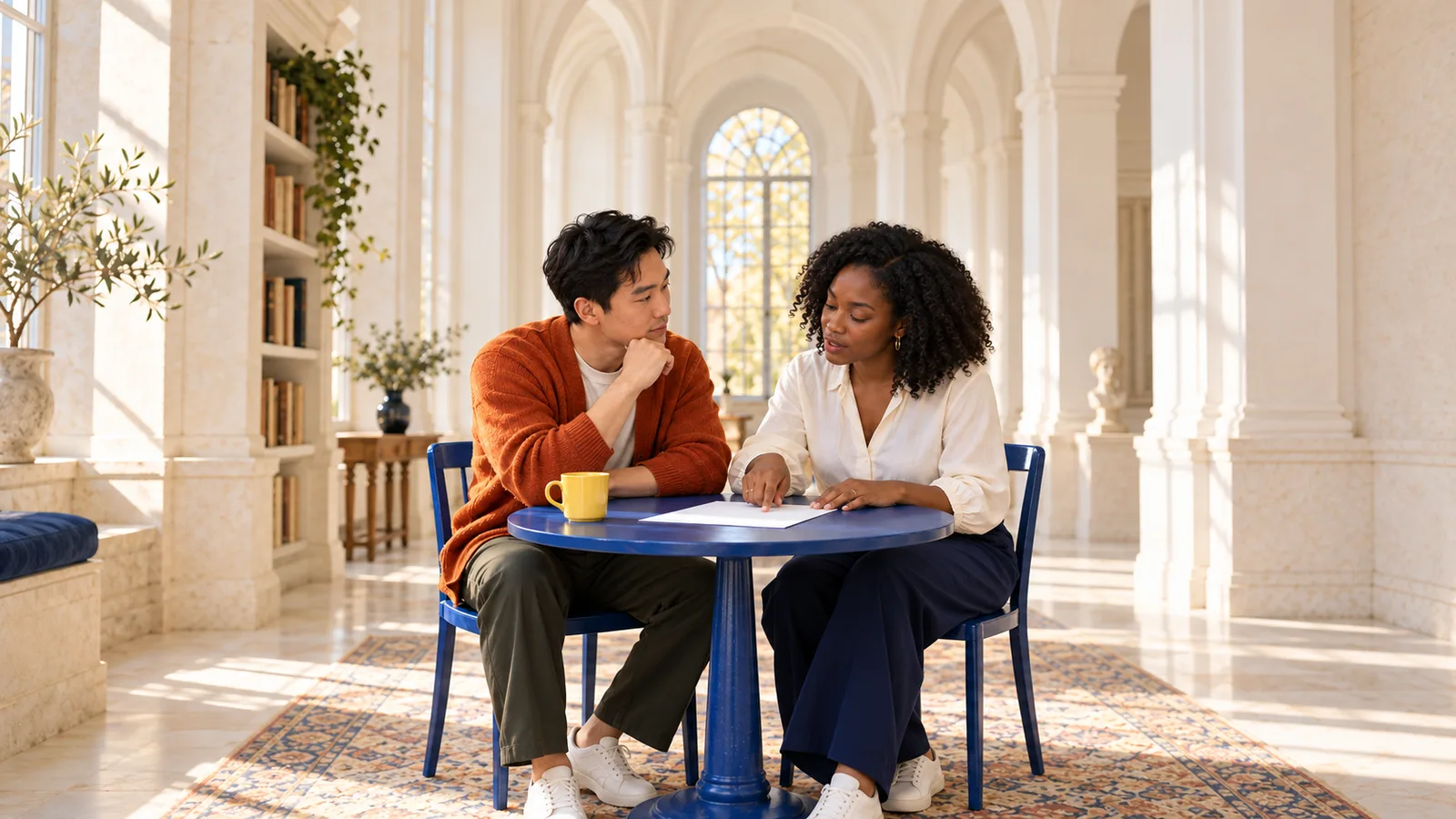 Adult novelist in an orange cardigan listens as an adult reader points to a blank manuscript page at a blue table in an arched reading room