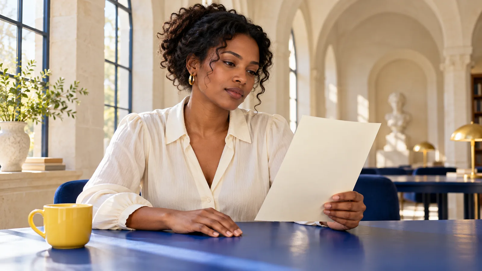 Adult woman pauses over a blank manuscript sheet at a blue table in a sunlit stone reading room