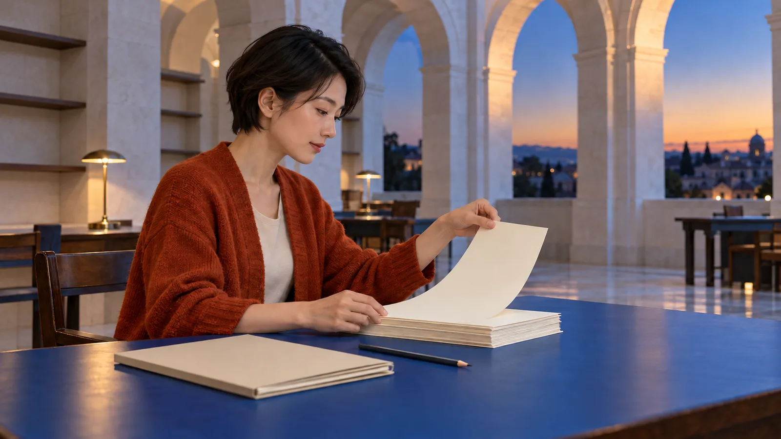Adult novelist selects one blank manuscript page beside a closed cream folder in an arched reading room