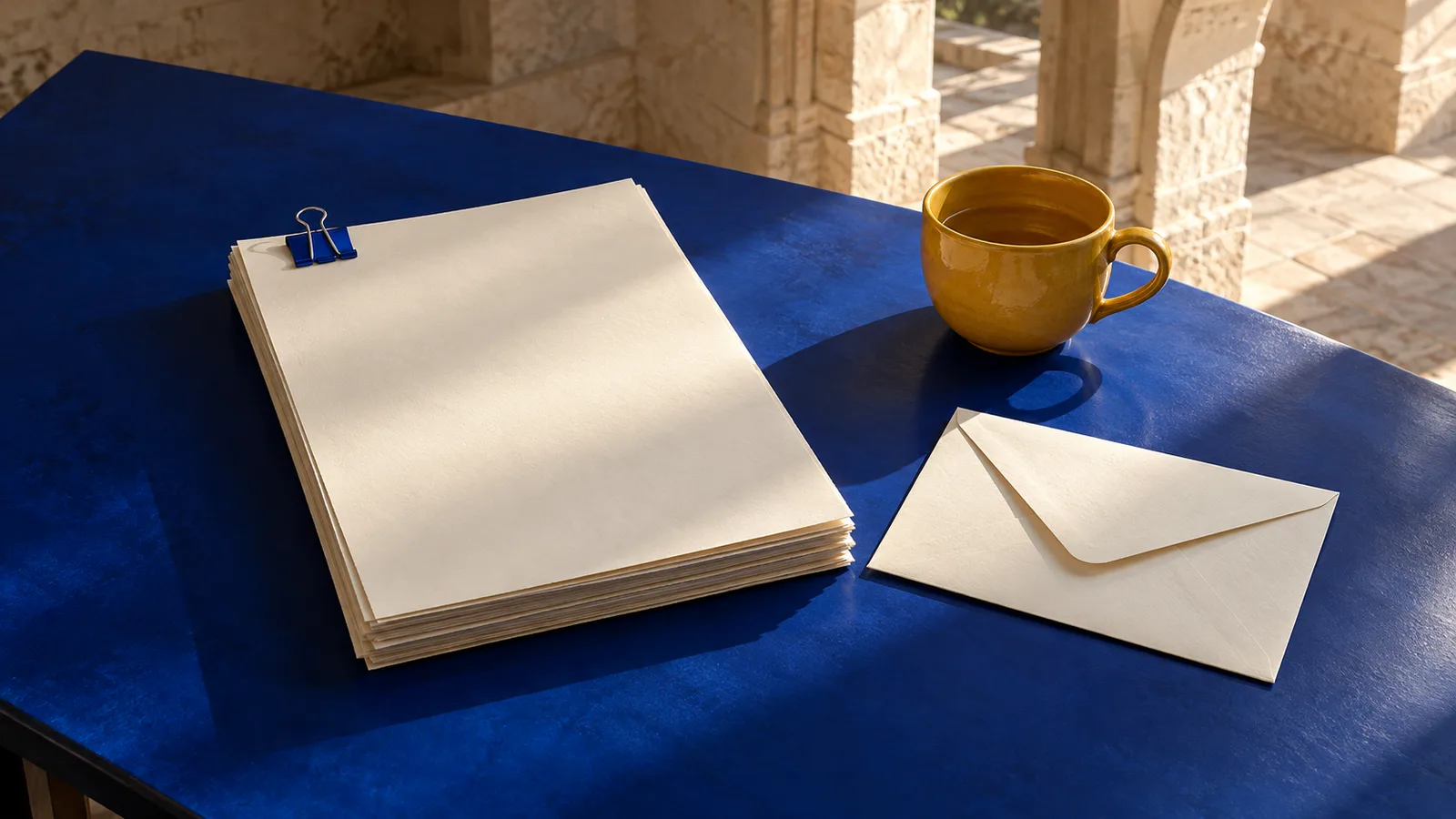 Blank manuscript bundle with a blue clip, empty envelope and yellow cup on a blue reading table